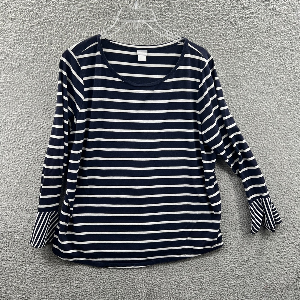 Chicos Womens Top 4 XXL Navy White Striped Bell Sleeve Nautical Preppy Capsule